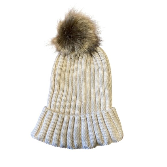 Winter Womens Stretch Knit Beanie Hat Faux Fur Pom Pom Beige Warm Ribbed Fold - Picture 2 of 5